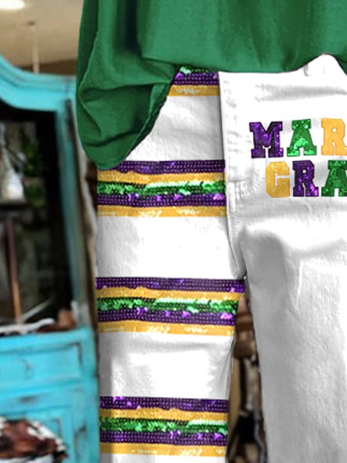 Retro Mardi Gras Purple Green And Gold Stripe Tassel Bell-Bottom