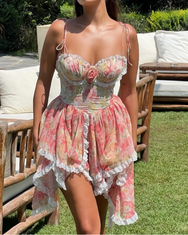 Pink Floral Corset Bustier Lace Trim Mini Dress