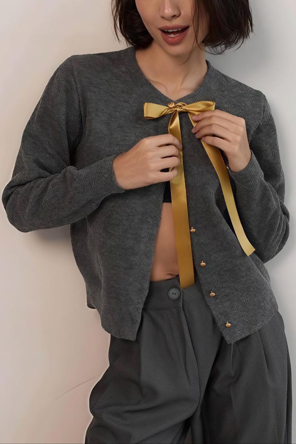 Minimalist Knitted Gold Buckle Crew Neck Cardigan