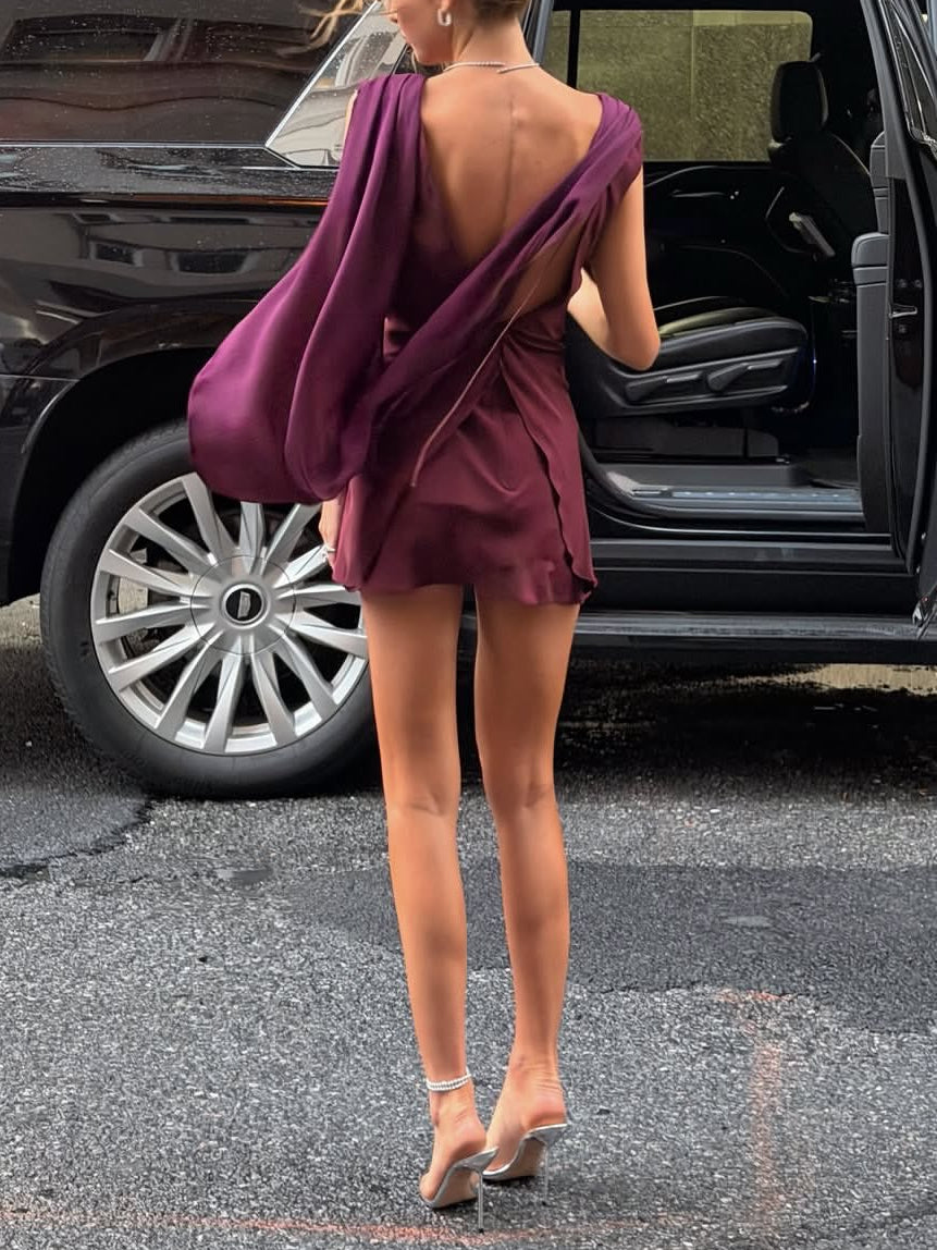 Burgundy Satin Draped Mini Dress