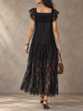 Black Lace Ruffle Sleeve Midi Dress