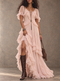 Pink Lace Ruffle High Low Maxi Dress