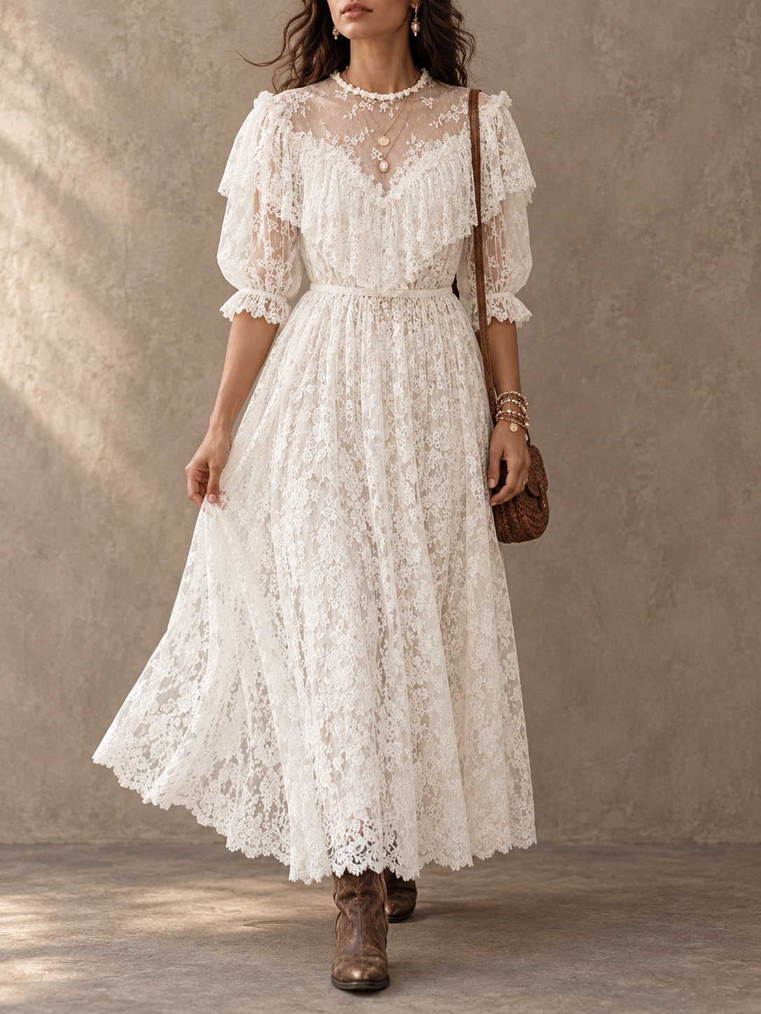 Cream Lace V-Neck Maxi Dress