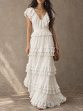 White Lace Ruffle Tiered Maxi Dress