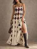 Cream Plaid Diamond Sleeveless Maxi Dress