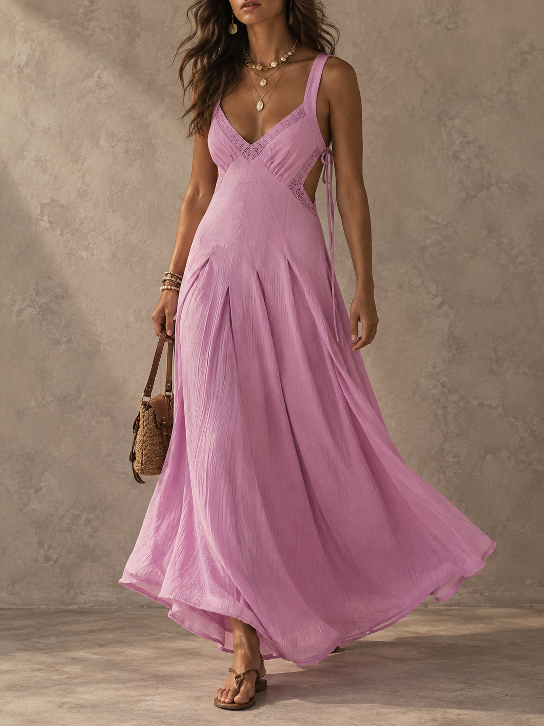 Pink Lace Trim Sleeveless Maxi Dress