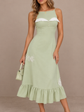 Sage Green Scallop Trim Ruffle Midi Dress