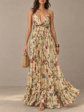 Cream Floral Print Ruffle Maxi Dress