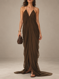 Brown Sheer Draped Maxi Dress