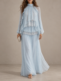 LightBlue Sheer Ruffle Wide Leg Pants Set