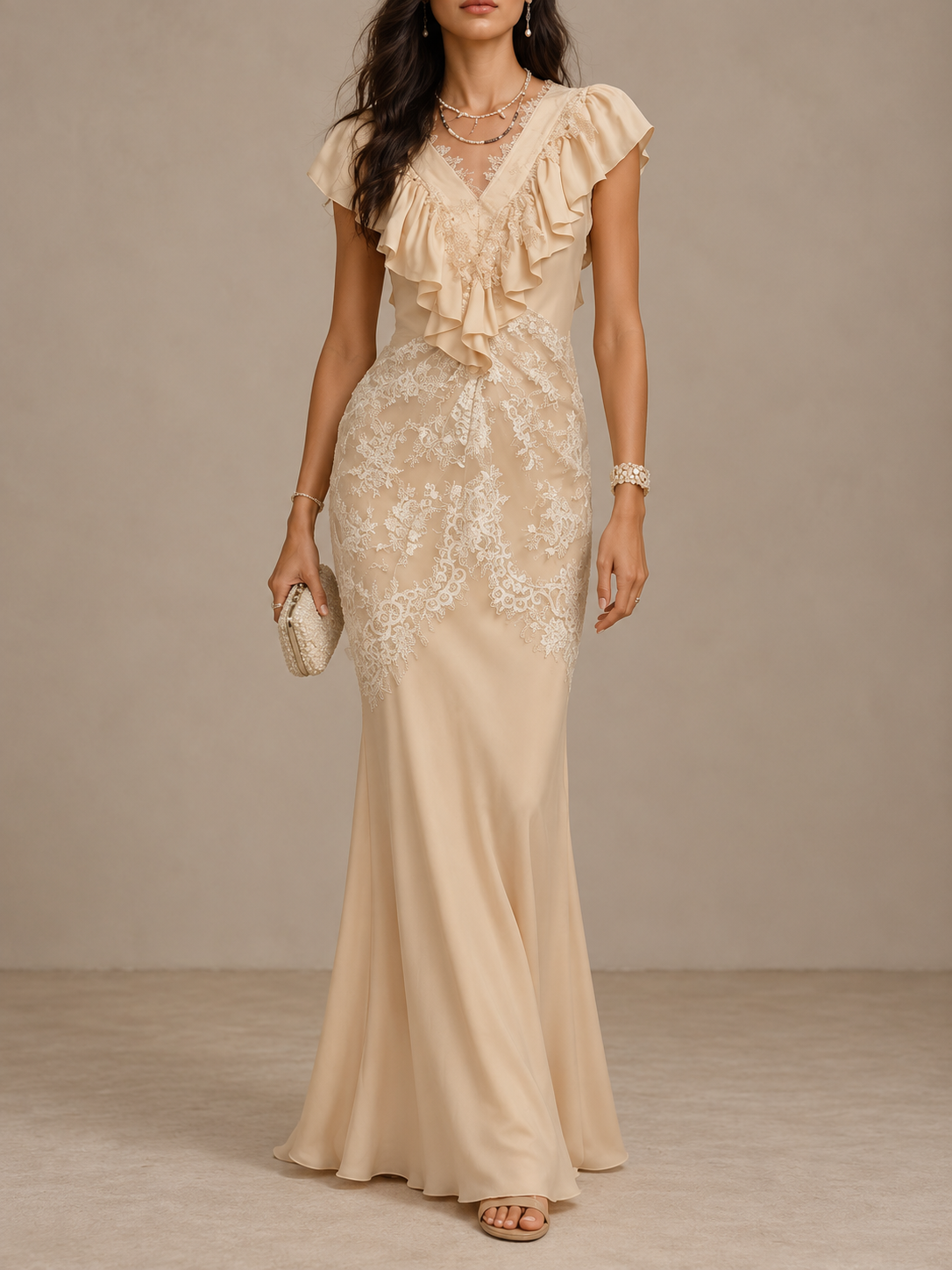 Cream Lace Ruffle Maxi Dress