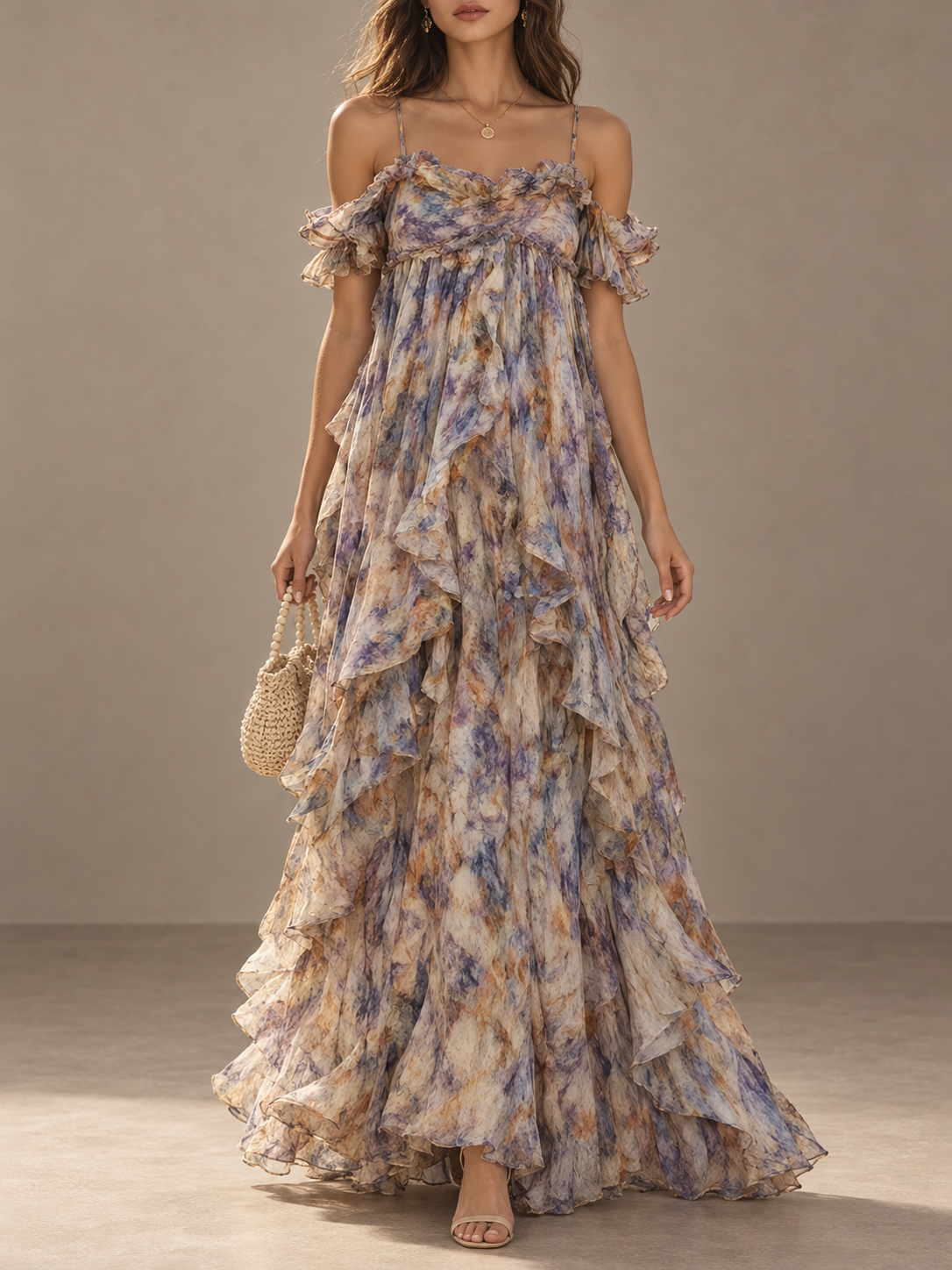 Multicolor Floral Print Ruffle Maxi Dress
