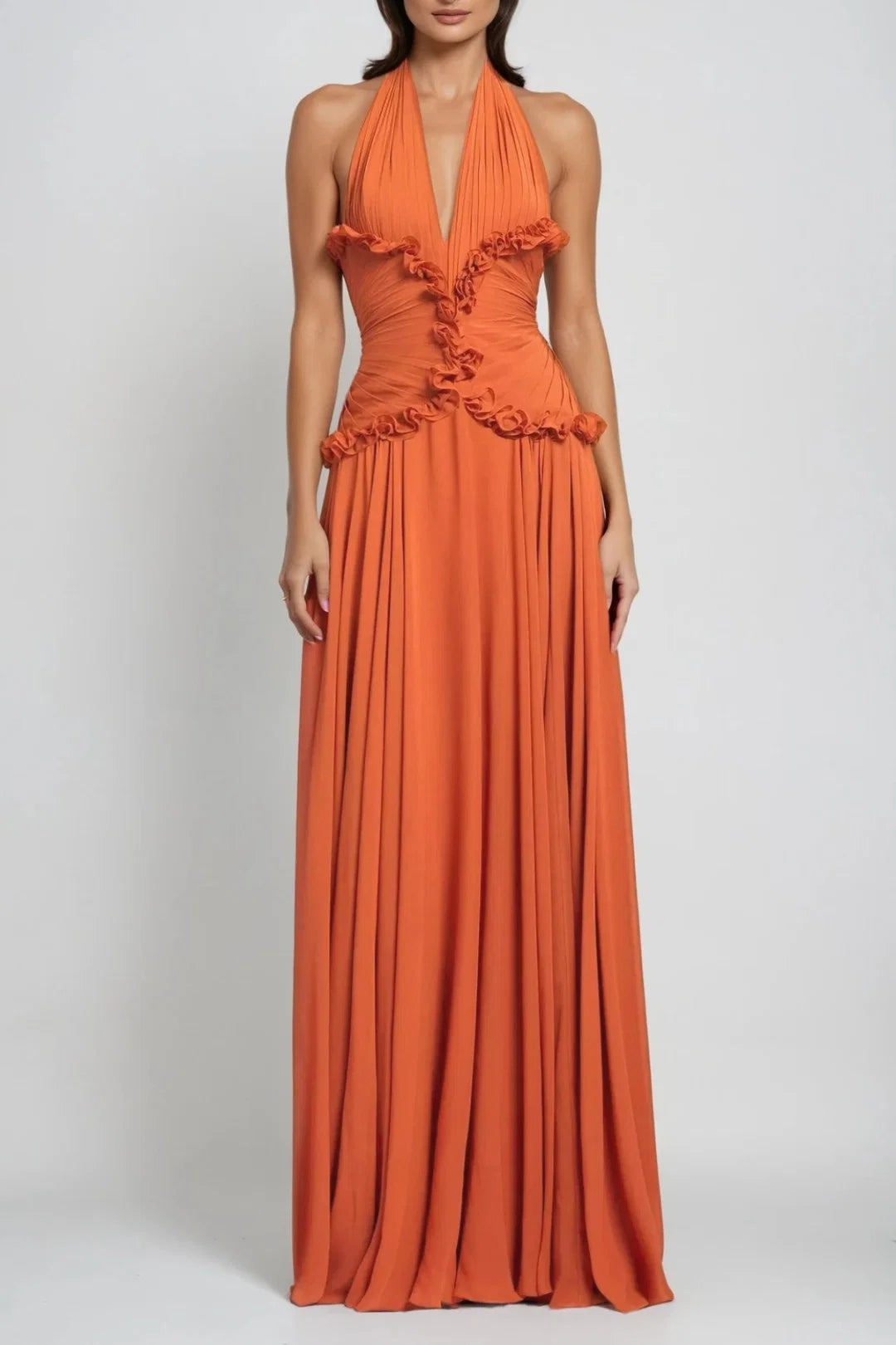 Island resort style halter neck V-neck backless fitted waist beach maxi dress