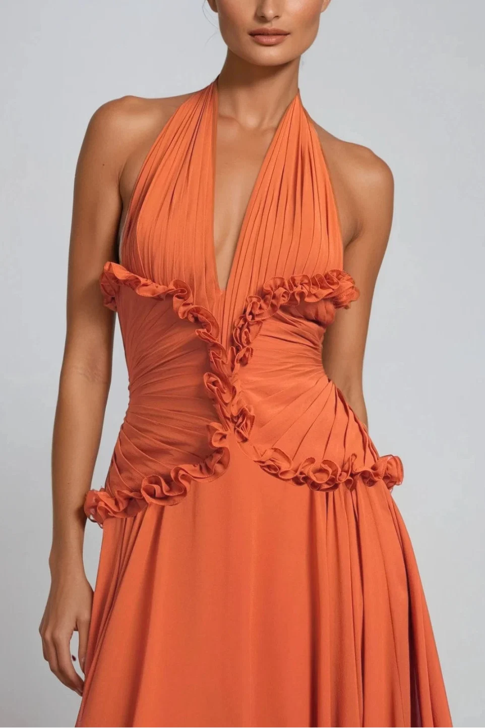 Island resort style halter neck V-neck backless fitted waist beach maxi dress