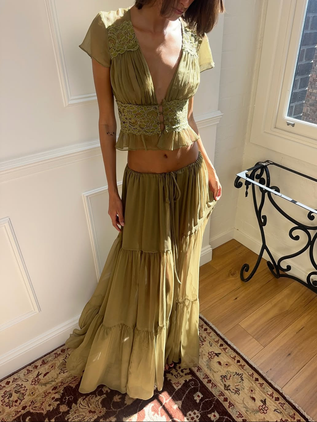 Olive Green Lace Trim Set - French Romantic Two-Piece Set