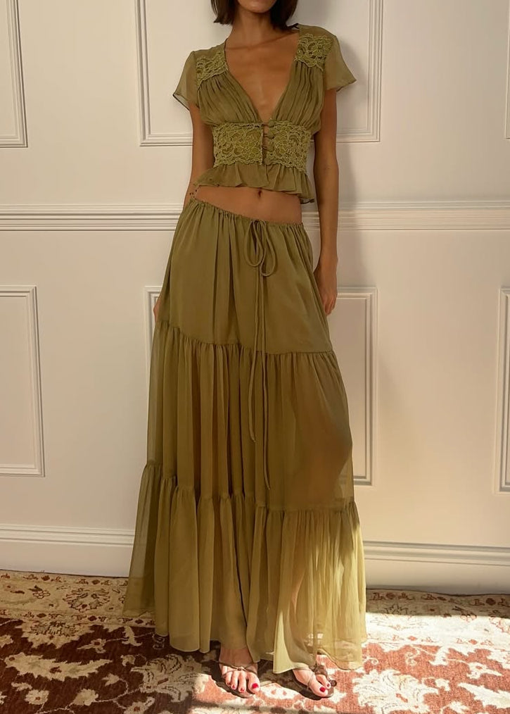 Olive Green Lace Trim Set - French Romantic Two-Piece Set