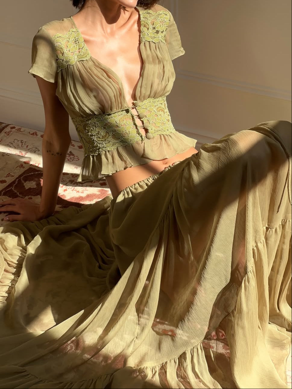 Olive Green Lace Trim Set - French Romantic Two-Piece Set