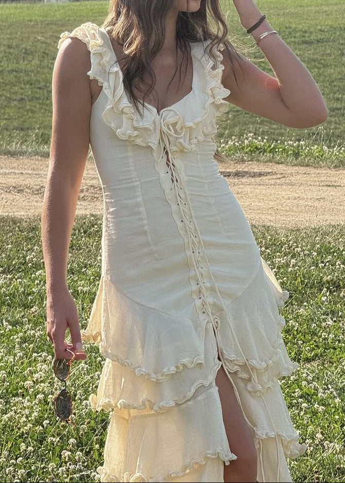 Cream Ruffle Sleeveless Lace-Up Corset Asymmetric Tiered Ruffle Maxi Dress
