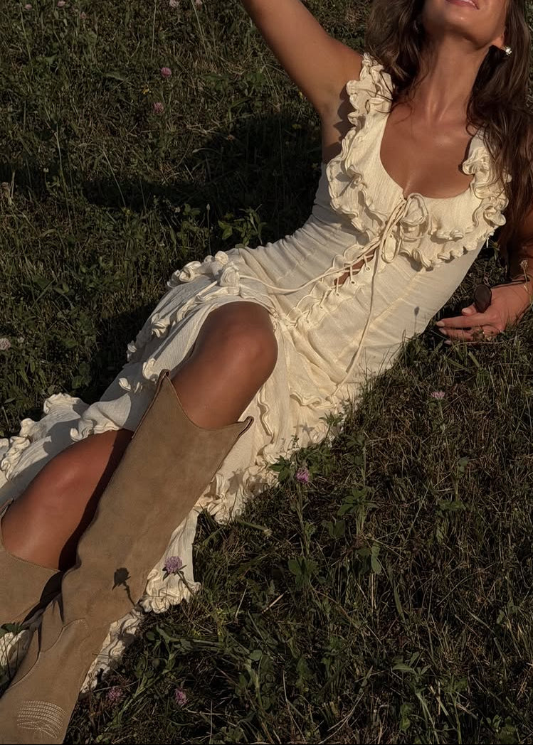 Cream Ruffle Sleeveless Lace-Up Corset Asymmetric Tiered Ruffle Maxi Dress