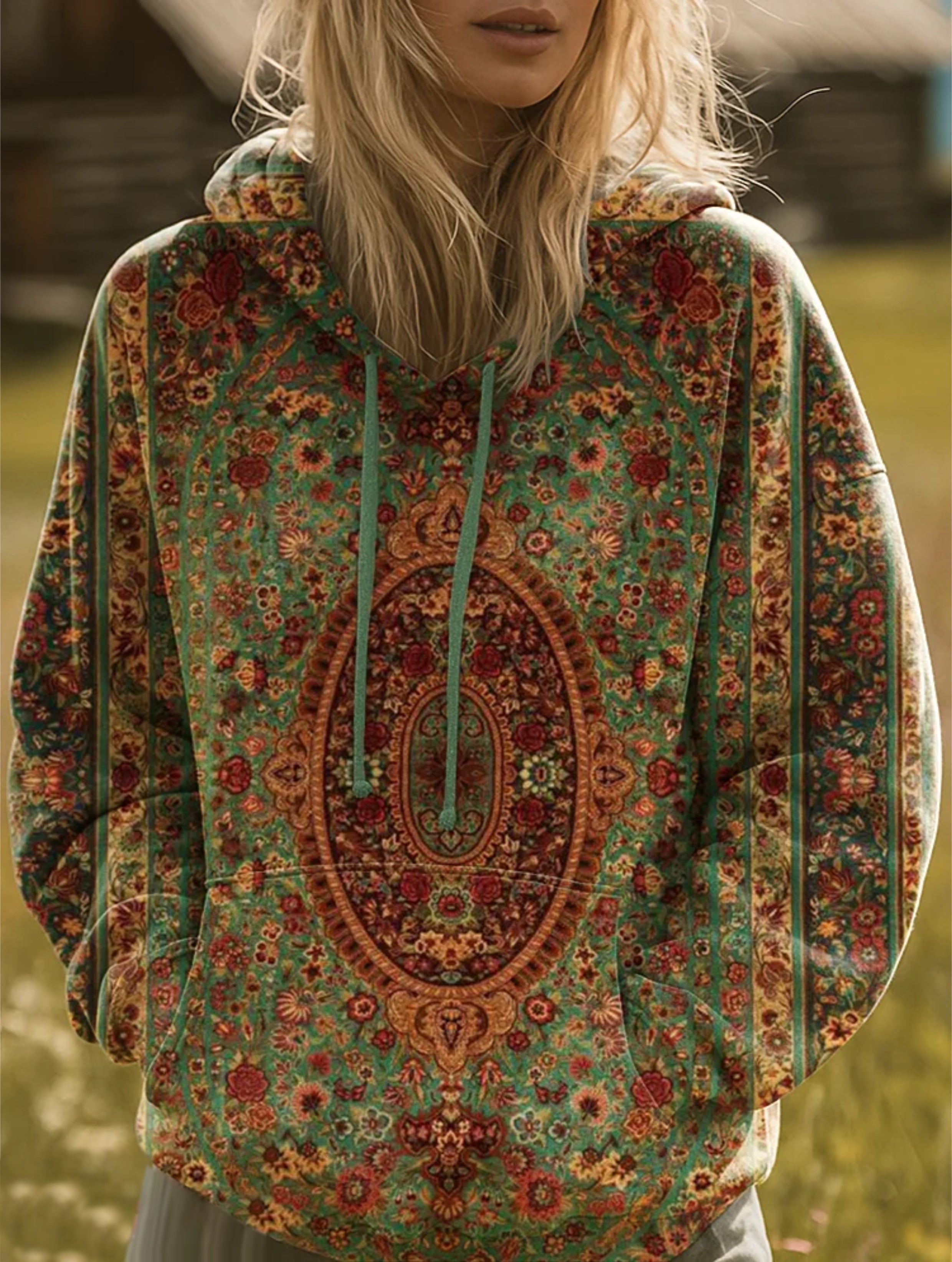 Vintage Ethnic Floral Rug Art Print Casual Hoodie Sweatshirt