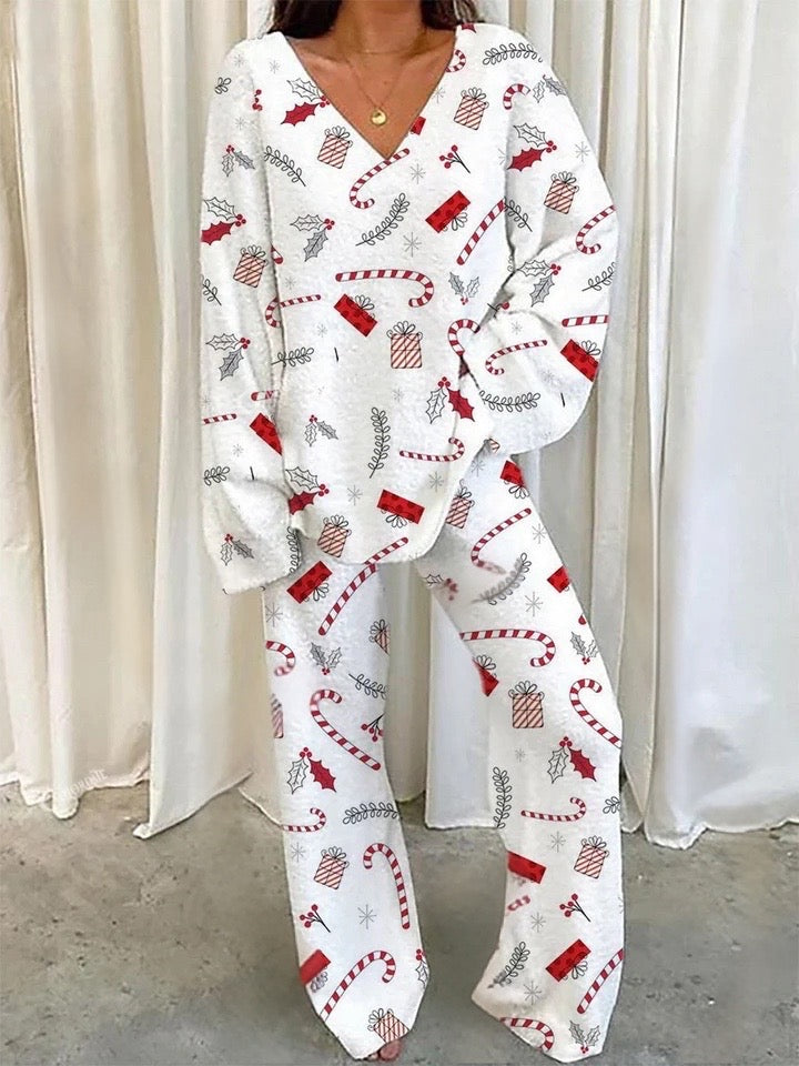 Women's Christmas Candy Cane Fleece Long Sleeve Pant Set
