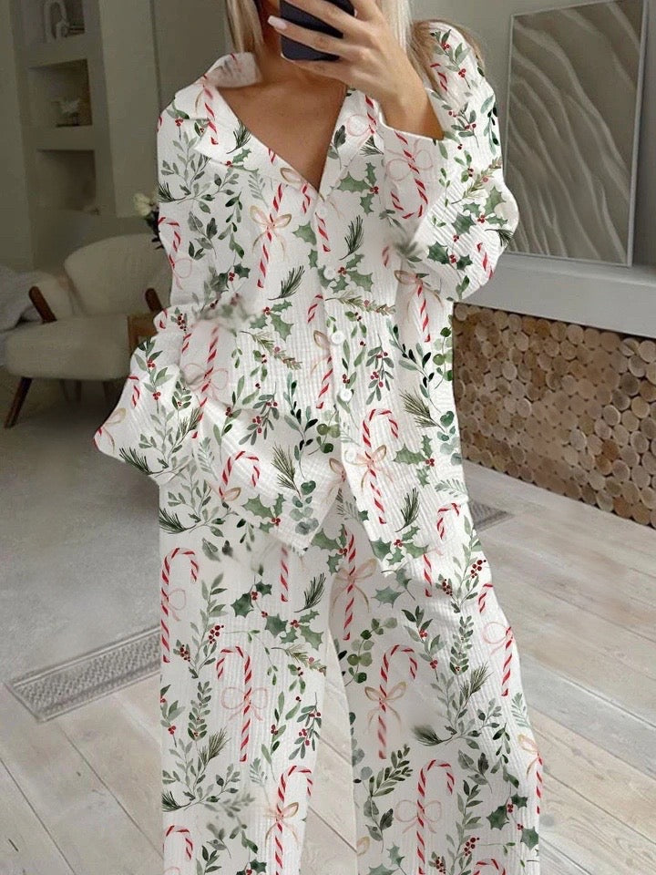 Women's Christmas Plant Candy Cane Print Loose Homewear Set