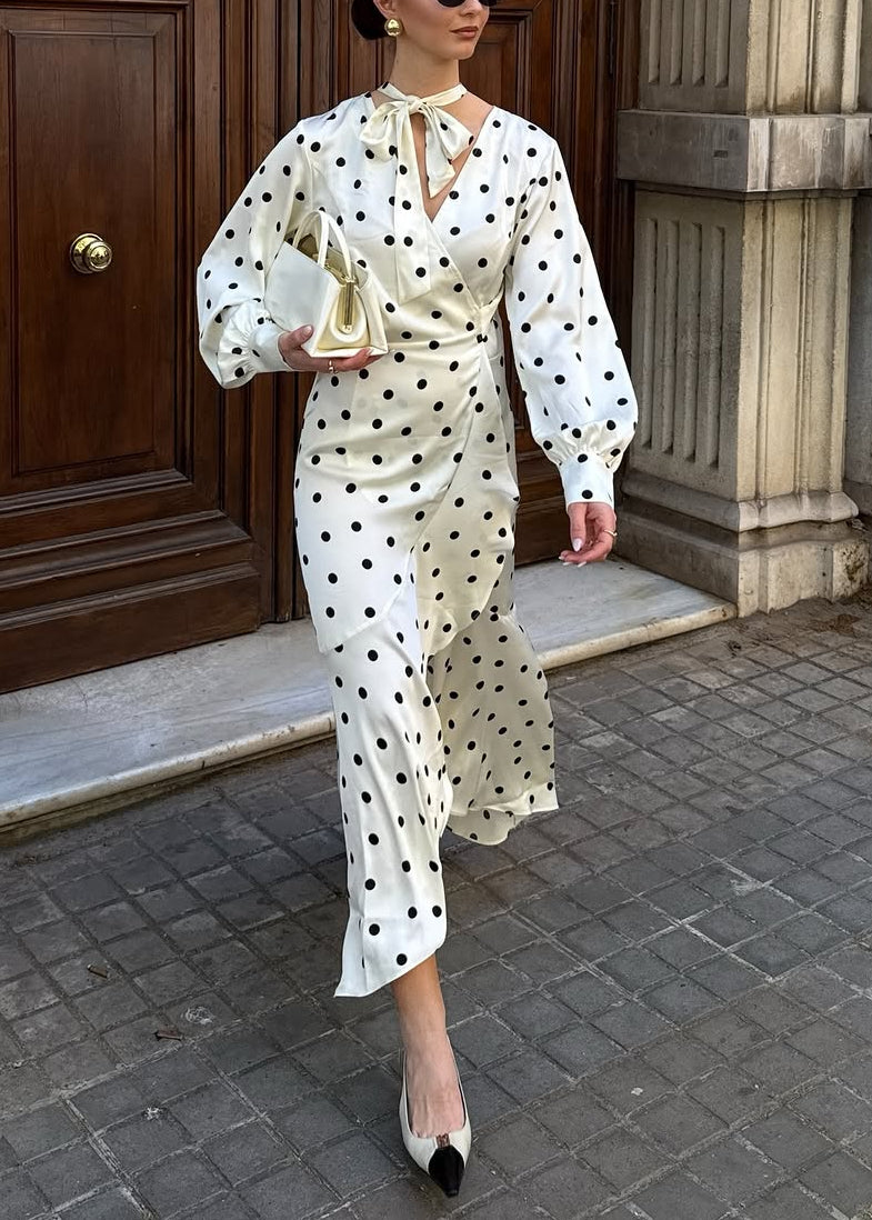 Cream Polka Dot Pussy-Bow Midi Dress