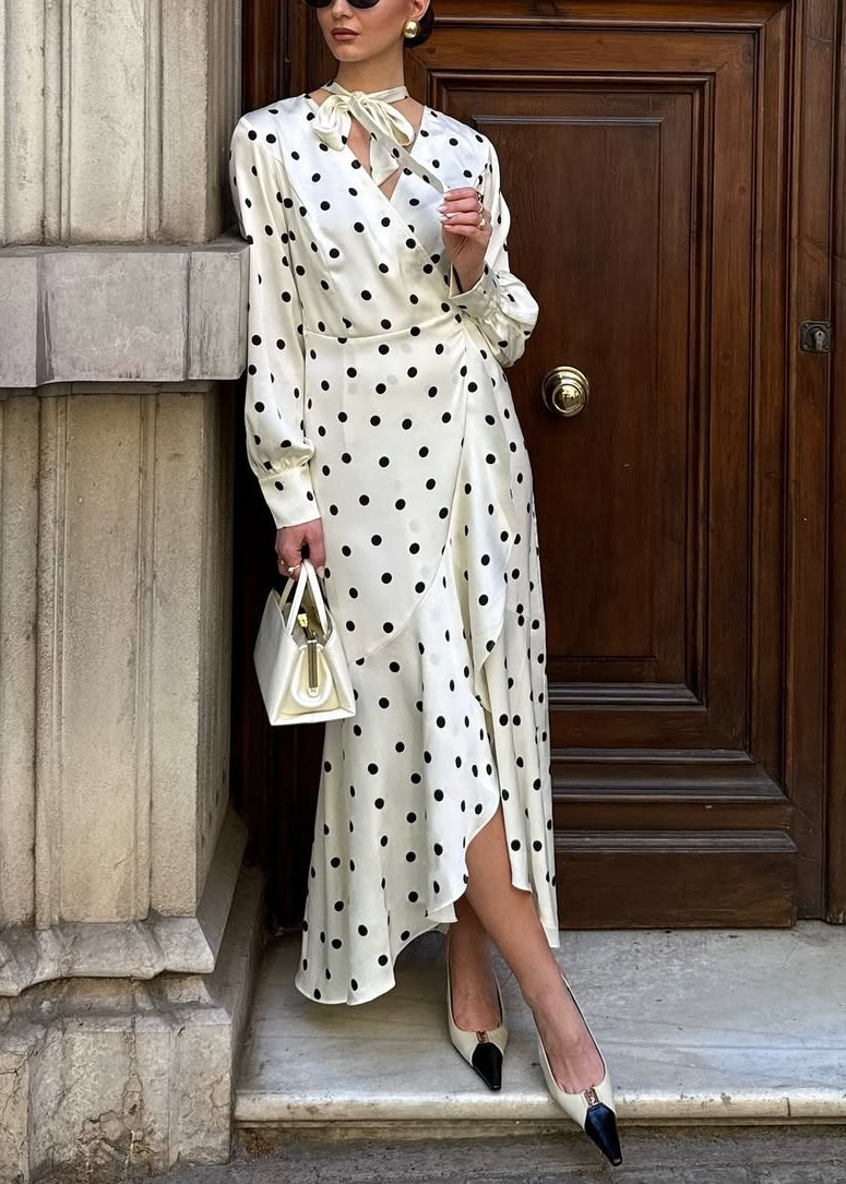 Cream Polka Dot Pussy-Bow Midi Dress