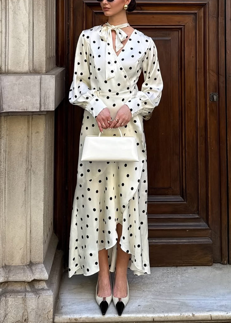 Cream Polka Dot Pussy-Bow Midi Dress
