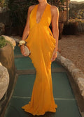 Draped Halter Cutout Waist Mermaid Gown