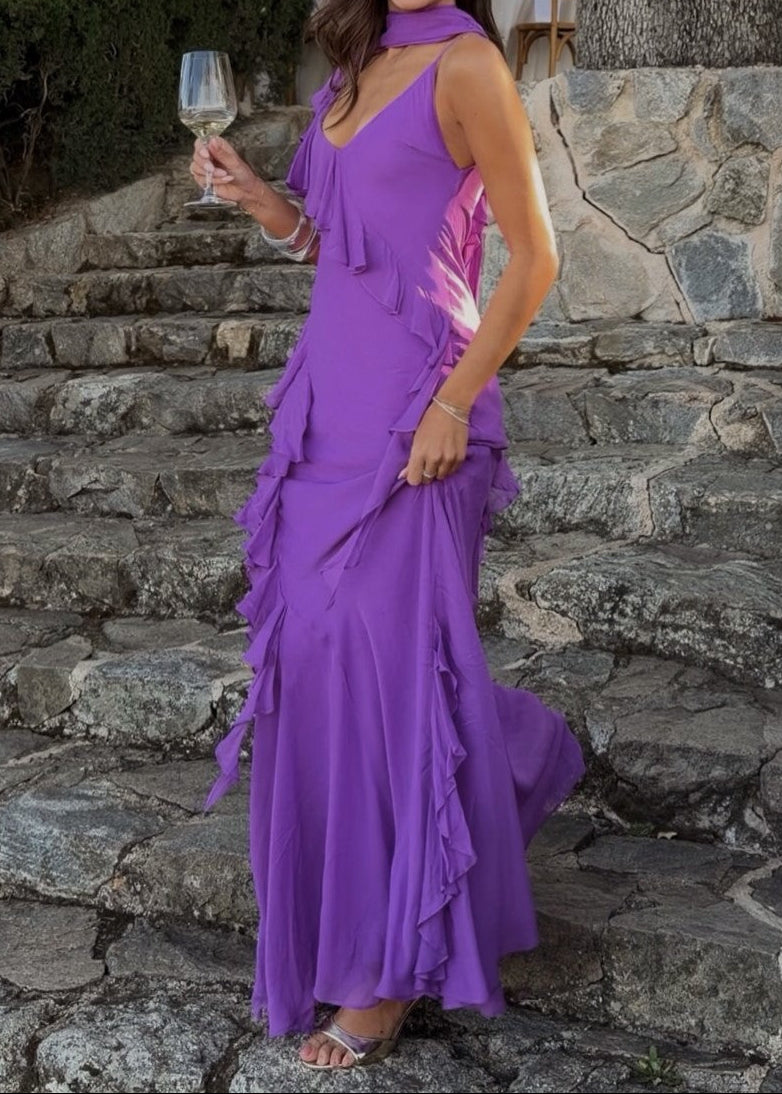 Scarf Neck Ruffle Chiffon Maxi Dress