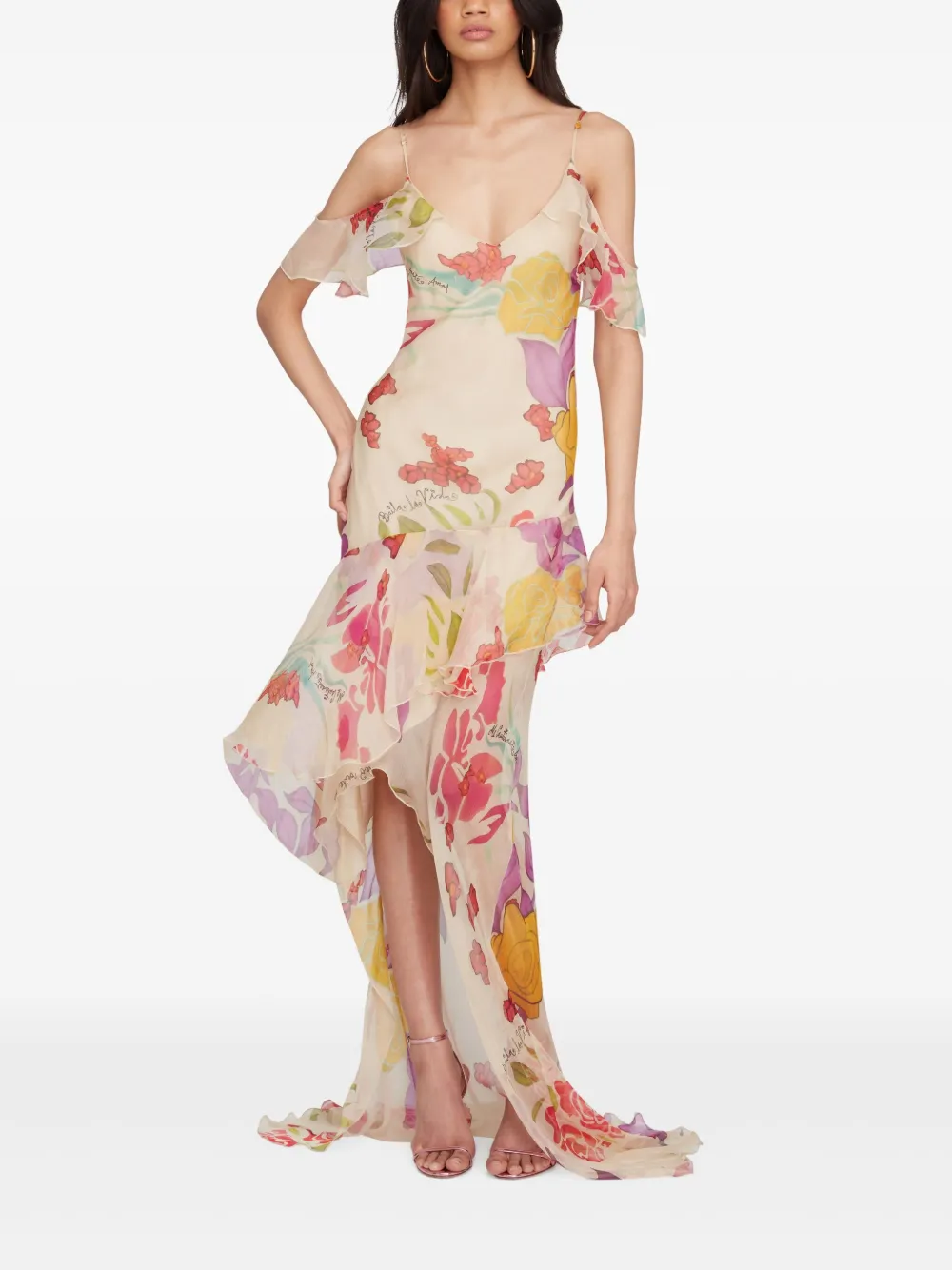 Floral Print Cold Shoulder Ruffle Maxi Dress