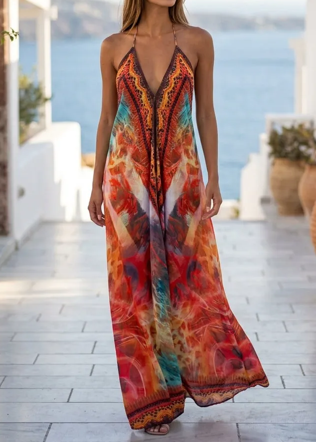 Tribal Print Lace-Trim Halter Maxi Dress