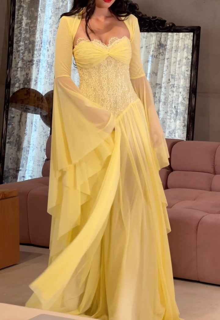 Corset Bodice Chiffon Cape Sleeve Maxi Dress
