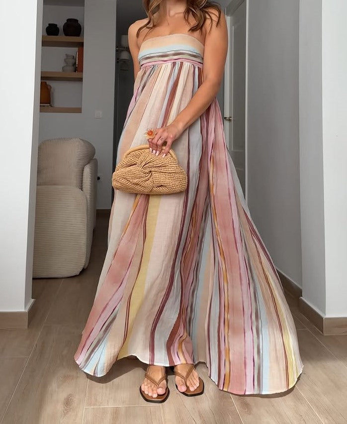 Strapless Colorful Stripe Maxi Dress