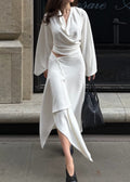 Cowl Neck Asymmetric Draped Skirt Set