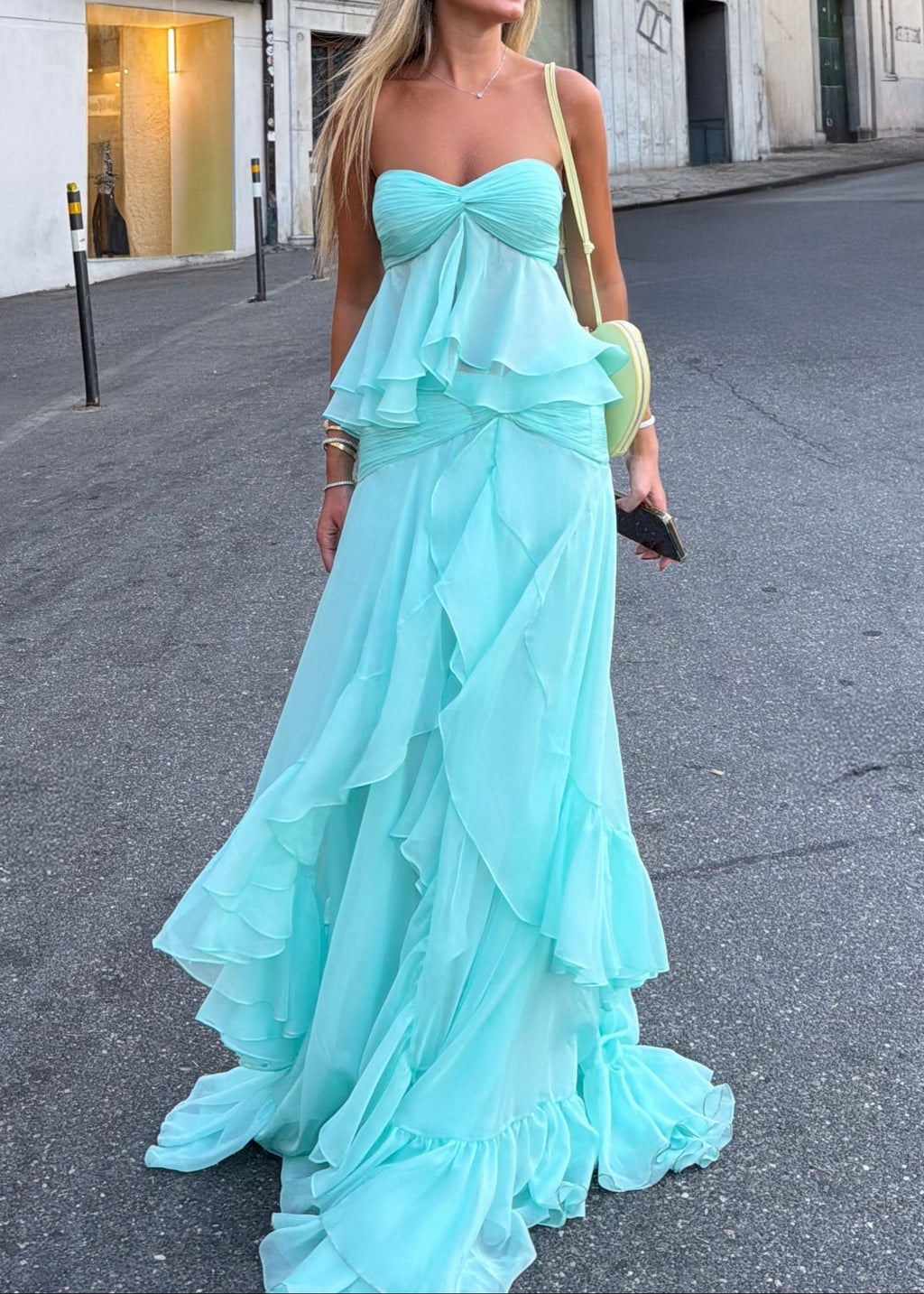 Strapless Twist-Knot Tiered Ruffle Chiffon Two-Piece Set