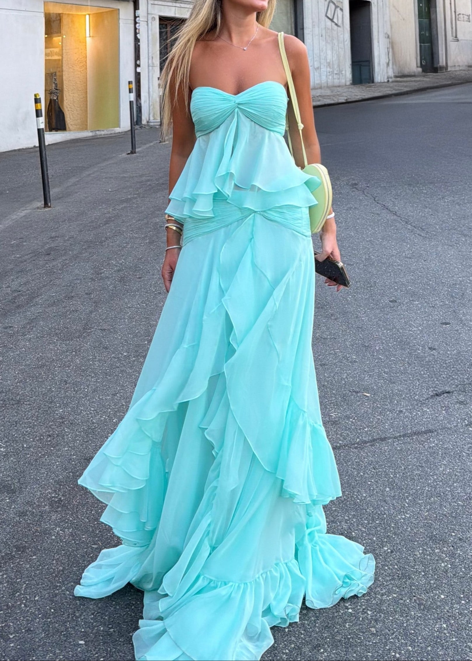 Strapless Twist-Knot Tiered Ruffle Chiffon Two-Piece Set