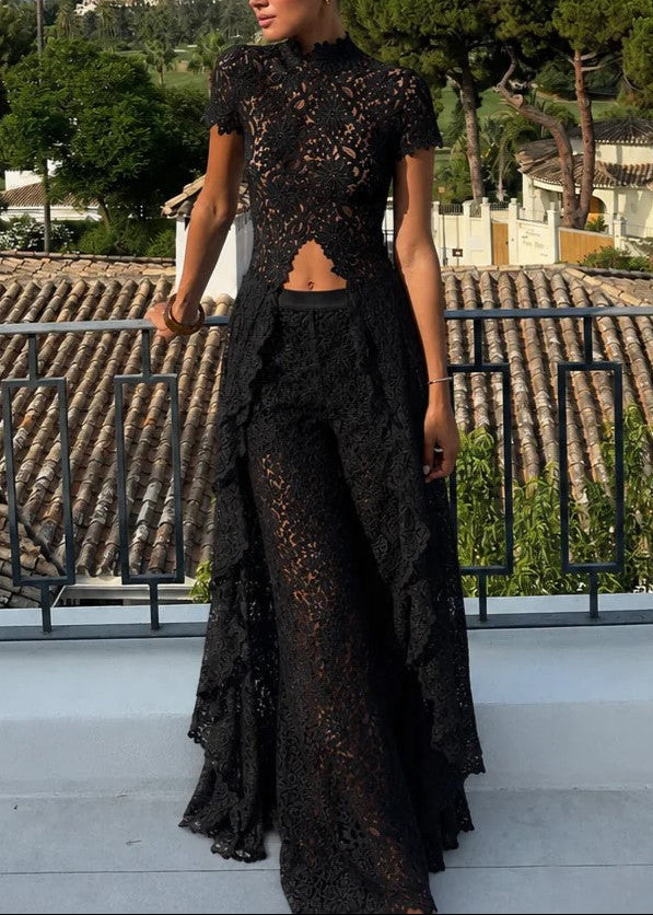 Sheer Lace Cutout High Neck Top（Only tops）