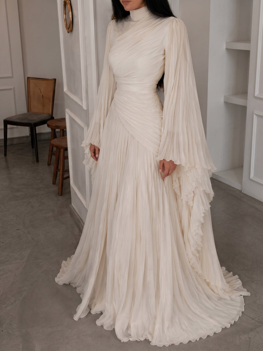 High Neck Ruched Pleated Balloon Sleeve Maxi Dress