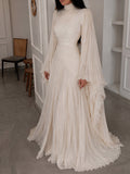 High Neck Ruched Pleated Balloon Sleeve Maxi Dress