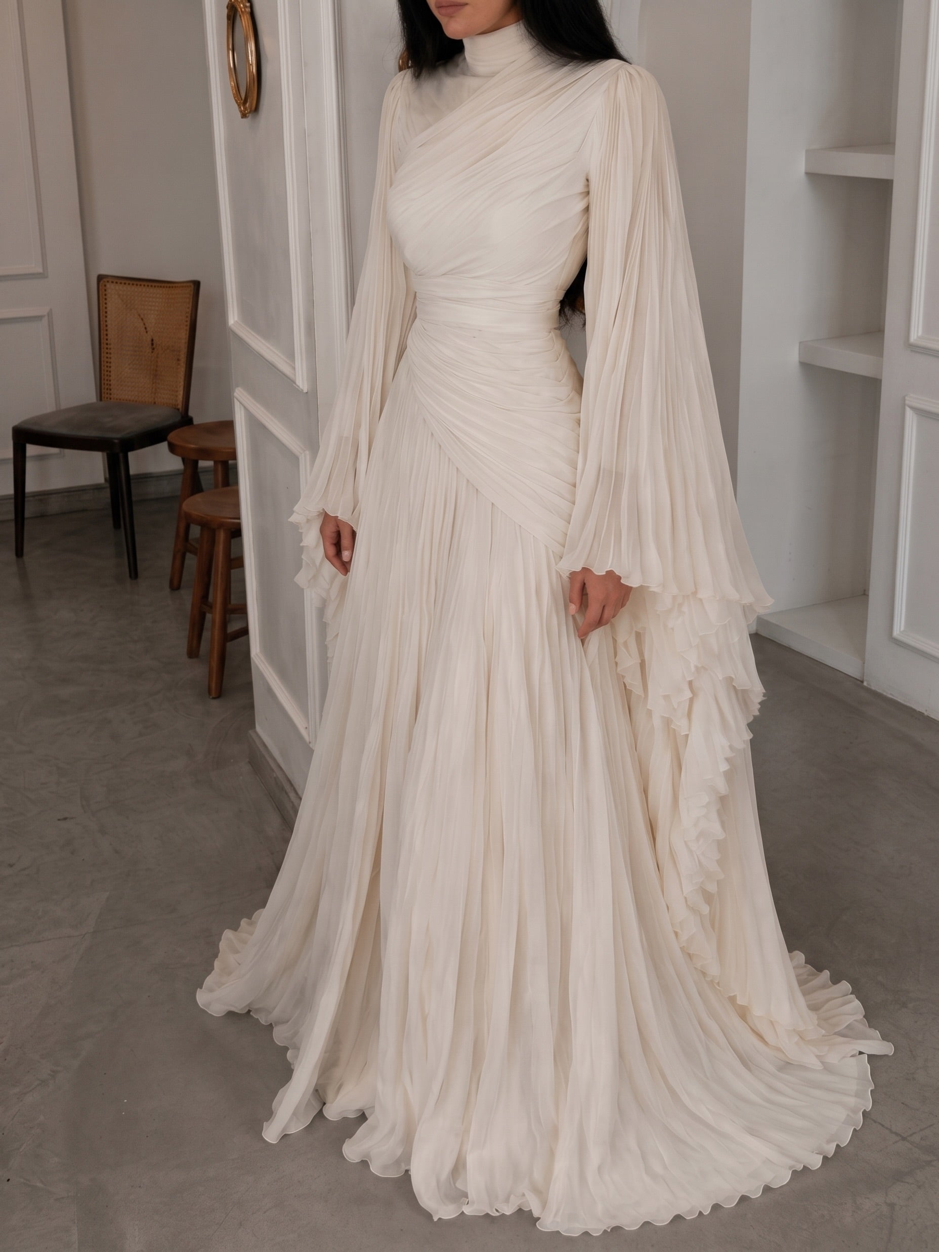 High Neck Ruched Pleated Balloon Sleeve Maxi Dress