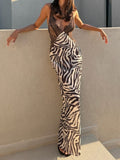 Zebra Print Lace Bodice Halter Maxi Dress