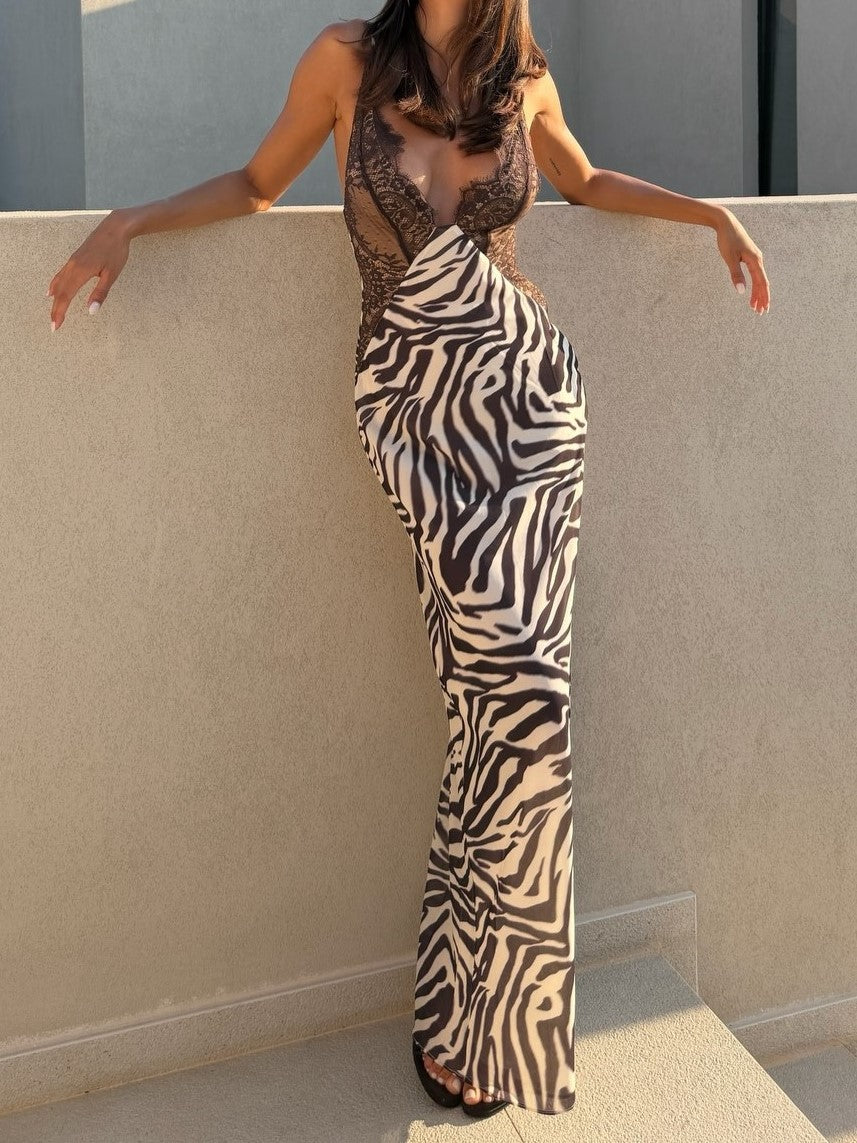 Zebra Print Lace Bodice Halter Maxi Dress