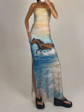 Strapless Ocean Scenery Horse Print Maxi Dress