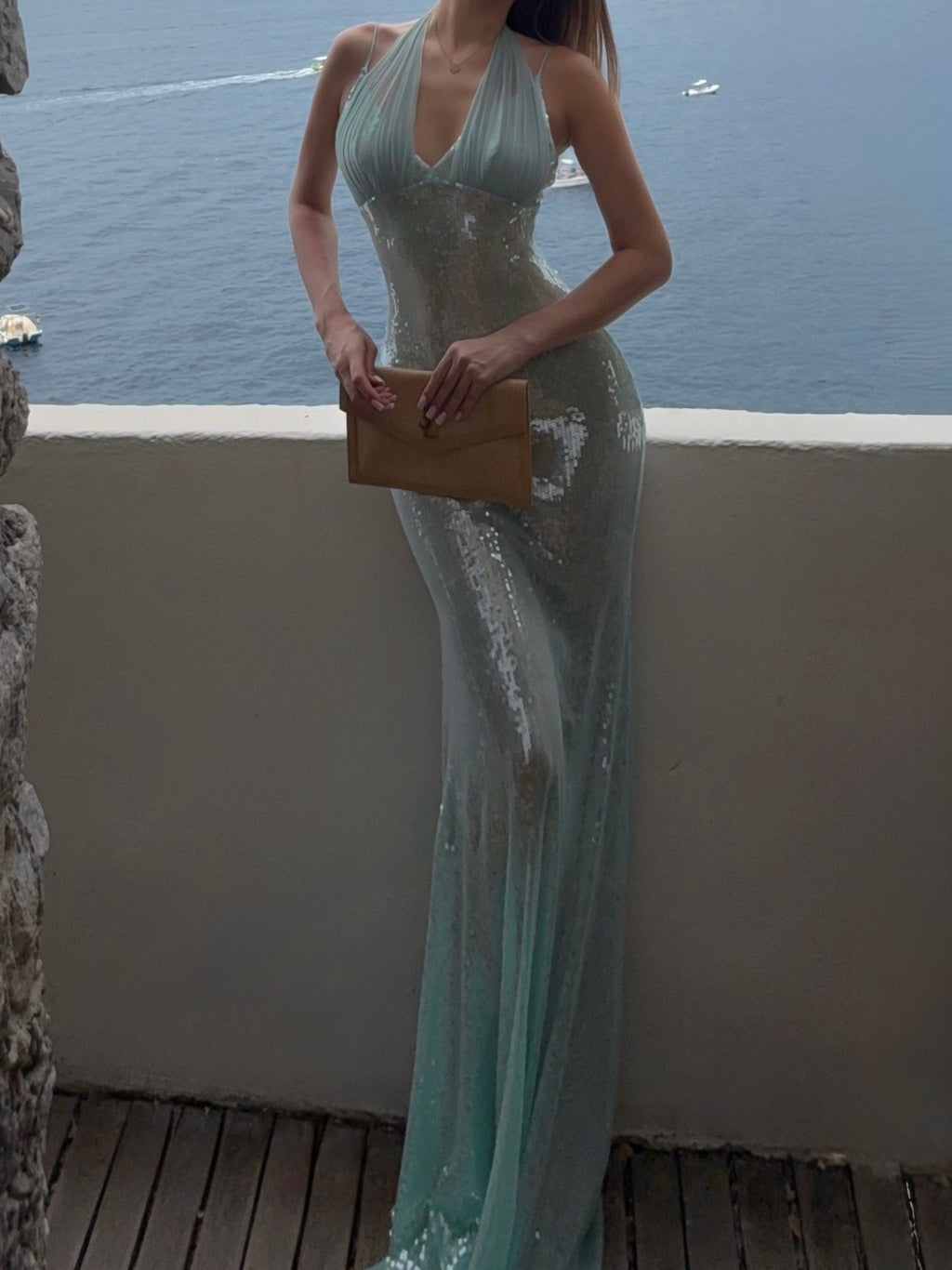 Ruched Halter Sequin Sheer Panel Maxi Dress