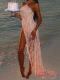 Sheer Beaded Fringe Detail Halter Maxi Dress