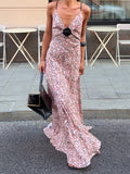 Spaghetti Strap Floral Maxi Dress With Black Rose Detail