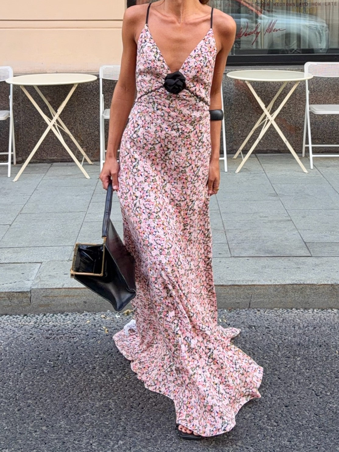 Spaghetti Strap Floral Maxi Dress With Black Rose Detail