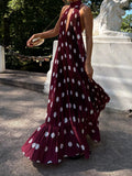 Burgundy Pleated Halter Polka Dot Maxi Dress